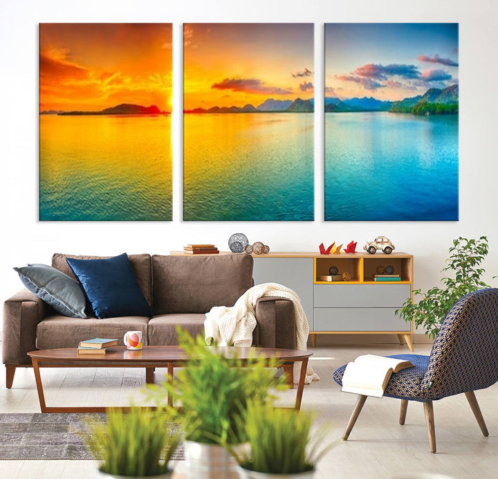 Wall Art Canvas Print Colorful Sunset Sea and Mountain Artwork