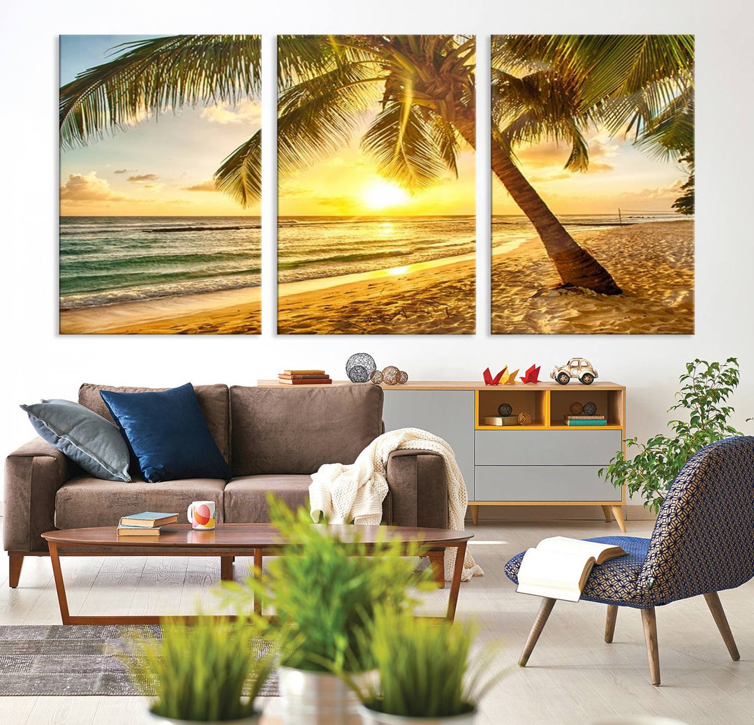 Wall Art Canvas Print Palm on Beach at Bright Sunset