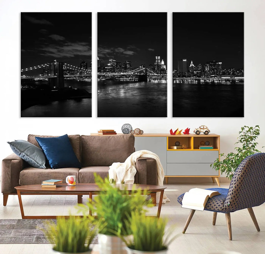 The "NEW YORK Canvas Prints Black and White Brooklyn Bridge Print" is a stunning triptych showcasing the iconic city skyline and bridge. Printed on museum-quality canvas with a UV-protective coating, it is ready to hang and instantly elevates your decor.