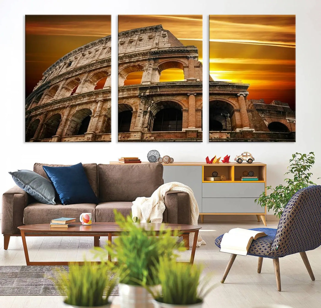 A three-panel canvas titled "Colosseum with Yellow Sunset Behind, Italy," protected with a UV-coating, is elegantly displayed.