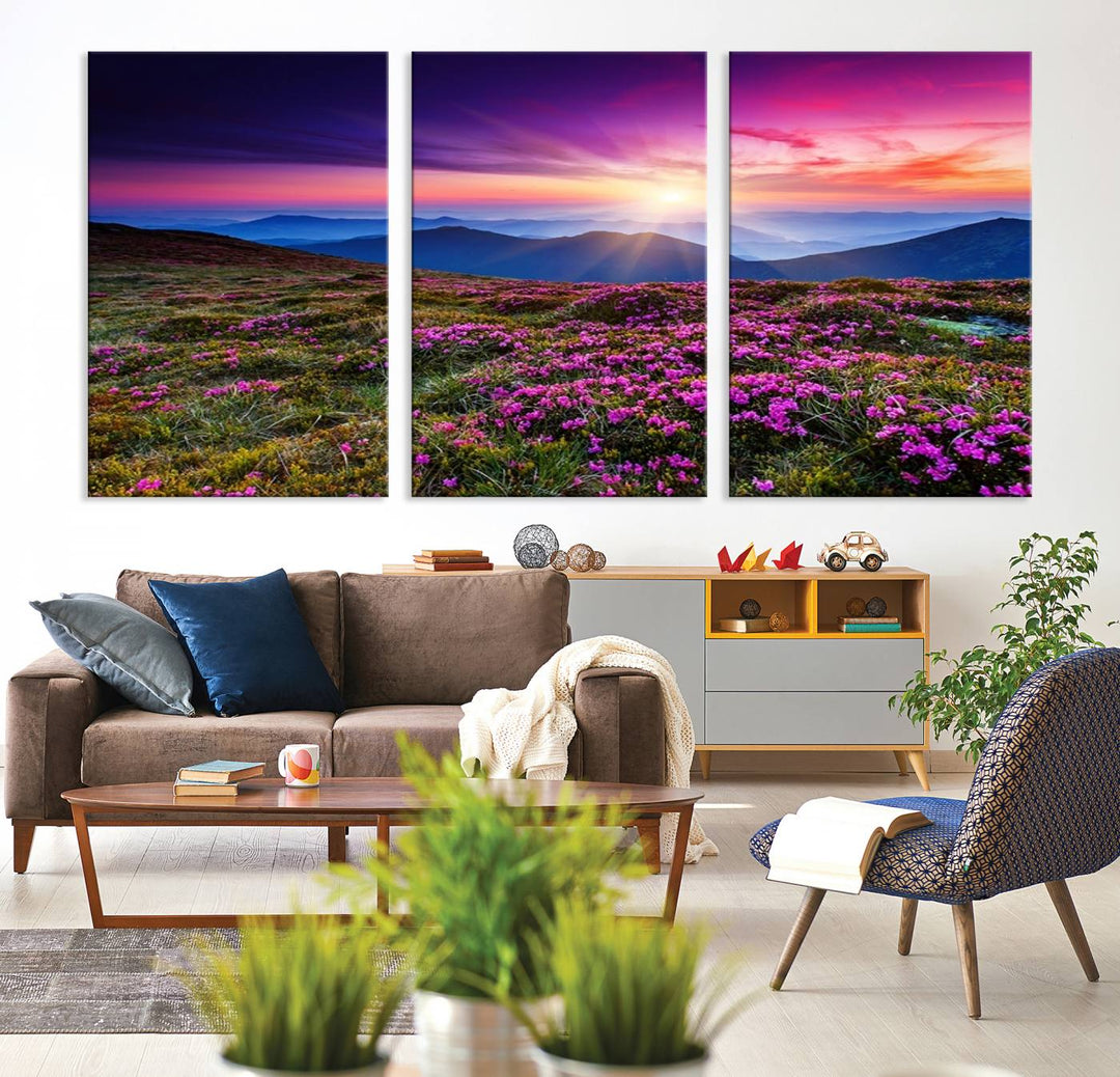 Sunset Over Mountain Meadows With Purple Wildflowers Wall Art Canvas Print | 3-Panel Landscape Canvas Wall Art | Nature Photography Triptych Print