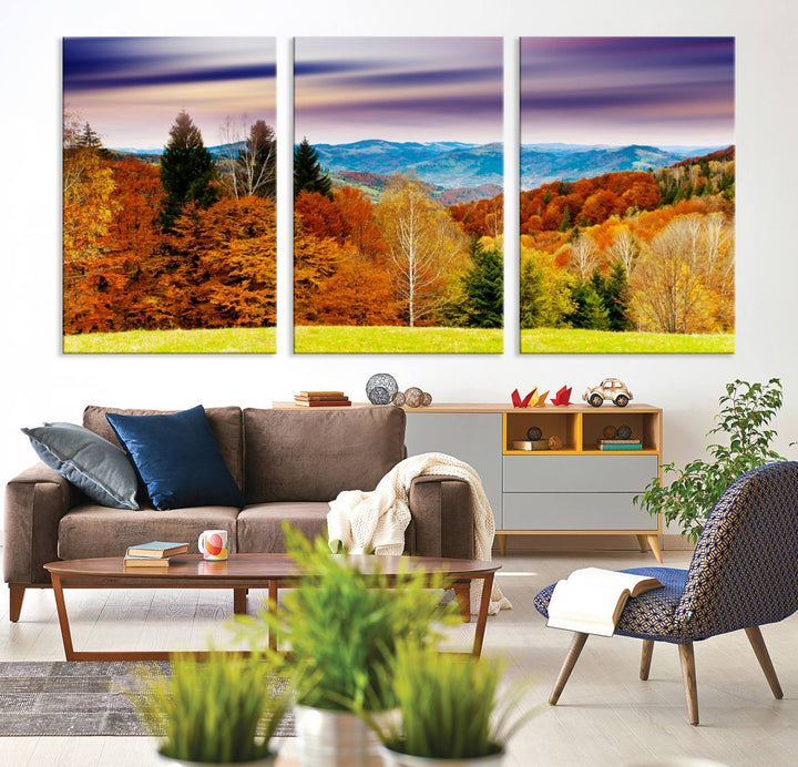 Autumn Colorful Forest Blue Mountains and Purple Sky at Sunset Wall Art Canvas Print