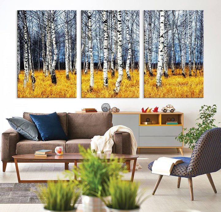 Impression d’art mural de bouleaux, art mural paysage, impression sur toile, arbres sans feuilles sur fond jaune