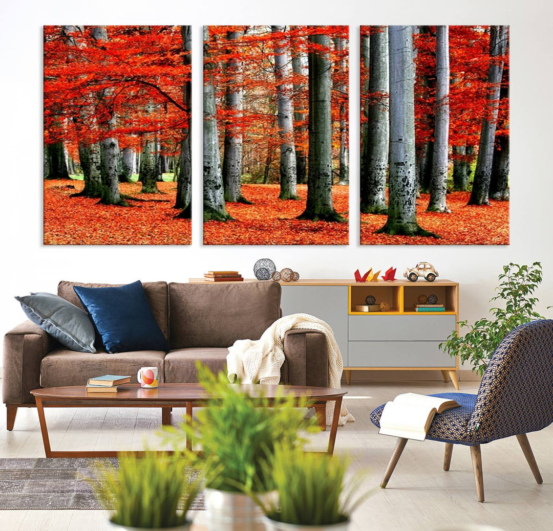 Impression sur toile de paysage d'art mural, feuilles rouges sur des arbres sur fond rouge