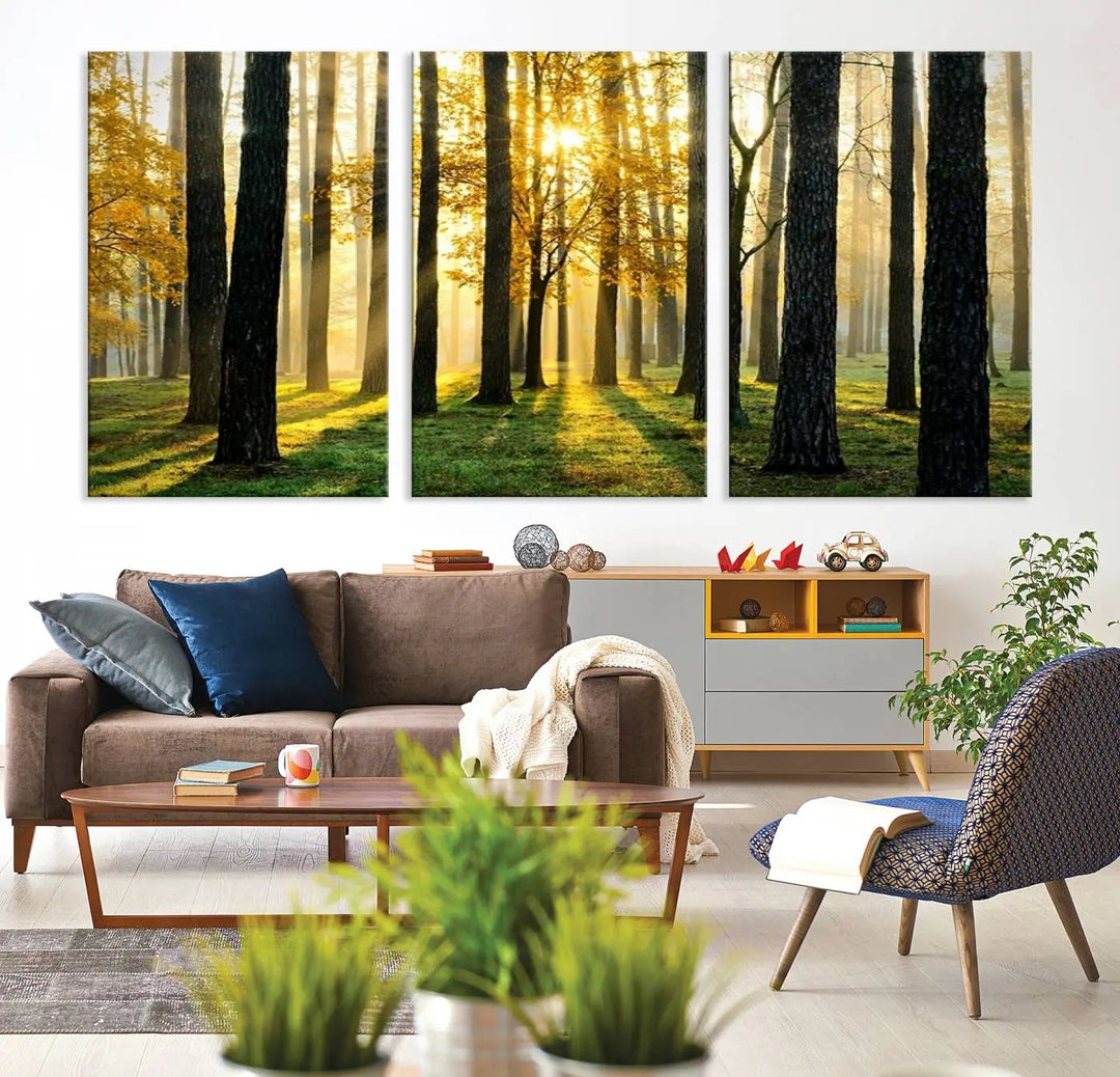 The living room is enhanced by the "Wall Art Landscape Canvas Print Tall Trees in Forest at Sunset" on museum-quality canvas. This triptych, complete with a UV-protective coating, is ready to hang and adds an artistic touch to the space.