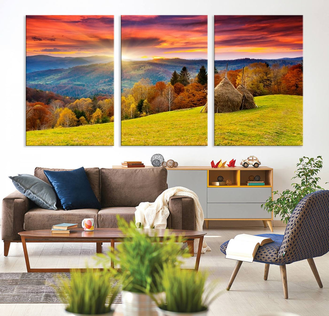 Impression sur toile de paysage d'art mural, tous les tons de vert au coucher du soleil