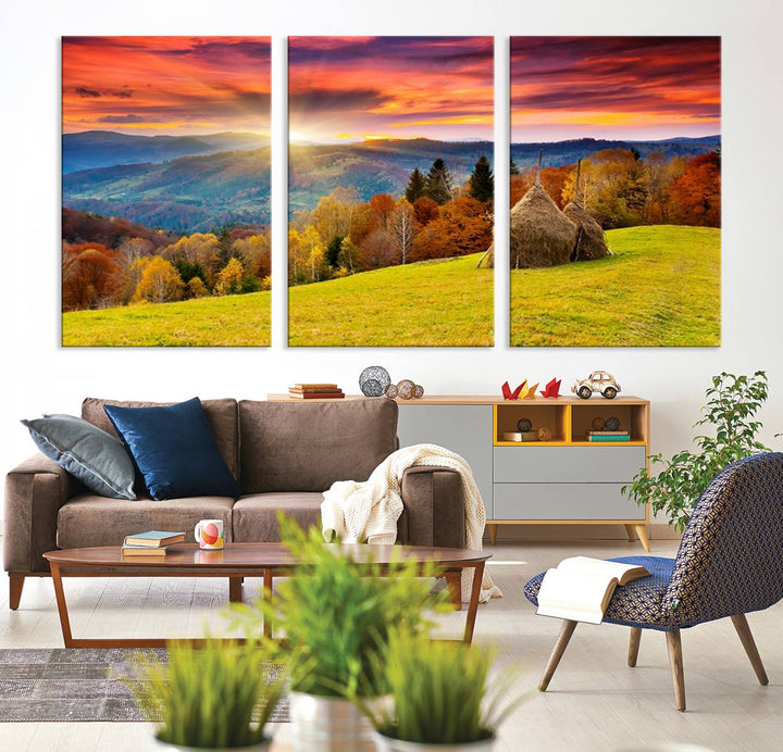 Impression sur toile de paysage d'art mural, tous les tons de vert au coucher du soleil