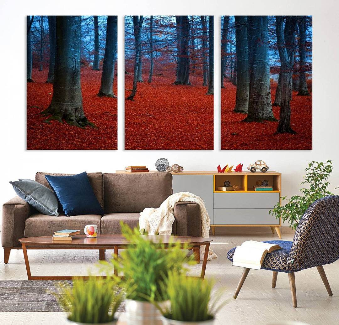 Impression sur toile de paysage d'art mural, feuilles rouges dans la forêt bleue