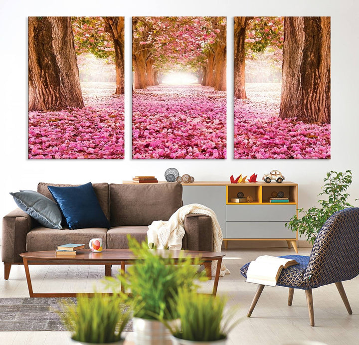 Blossom Cherry Canvas Print Walking on Pink Flowers Between Trees