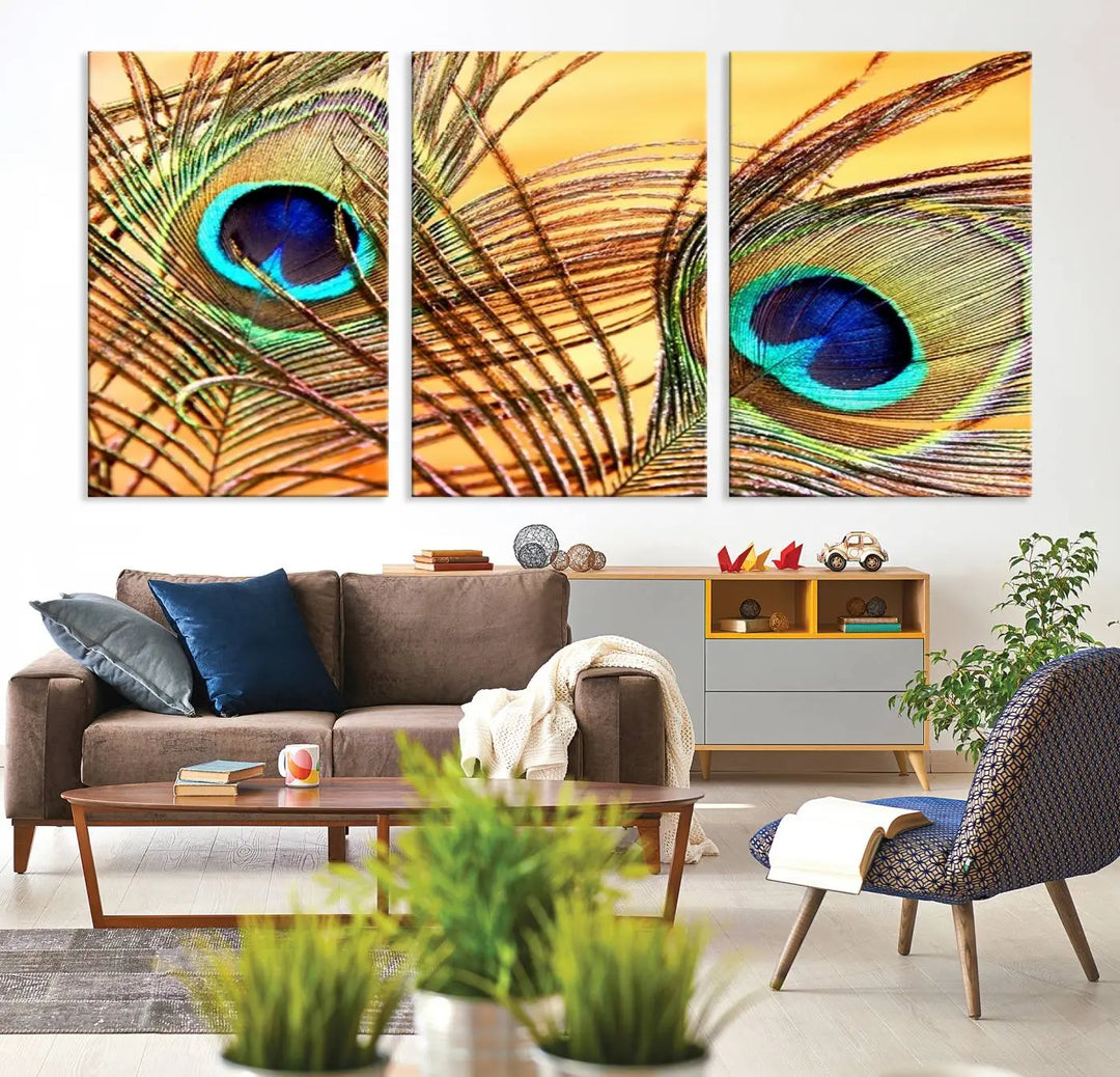 The Peacock Feather Wall Art Print, showcasing a vibrant green, blue, and orange feather design and ready to hang, adorns the space.