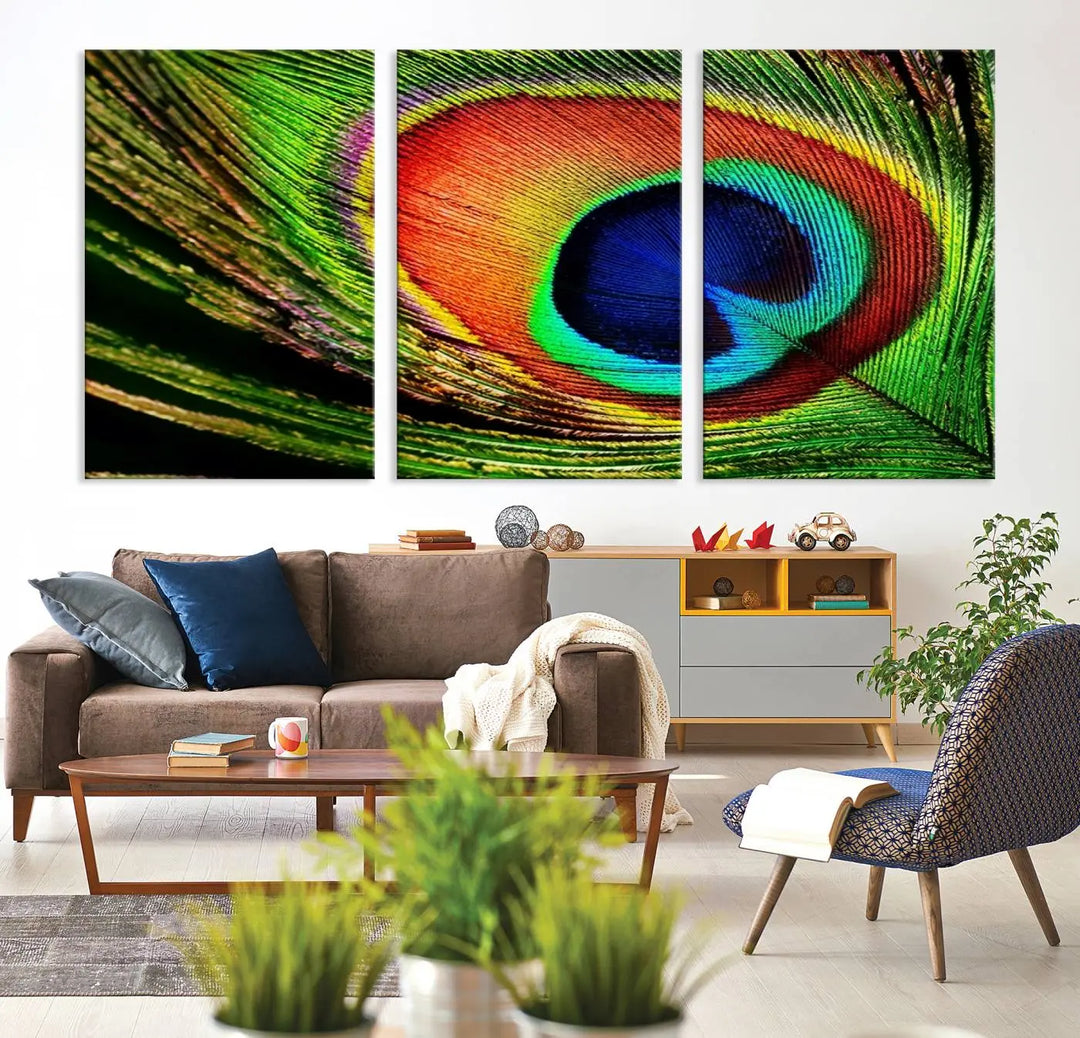 The living room features the "Colorful Peacock Feather Wall Art Print," showcasing a vibrant green, blue, and orange design elegantly displayed above a modern sofa.