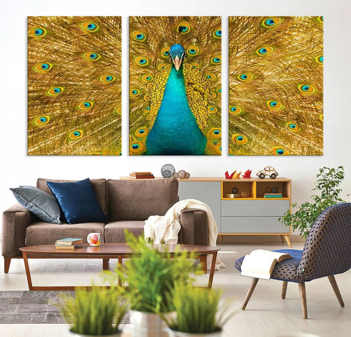 The Peacock Wall Art Canvas Print, featuring a vibrant triptych design of a peacock with intricate feather details and printed on museum-quality canvas with UV-protective coating, brings an artistic flair to the elegant space. Ready to hang, it enhances the modern living room with its striking presence.