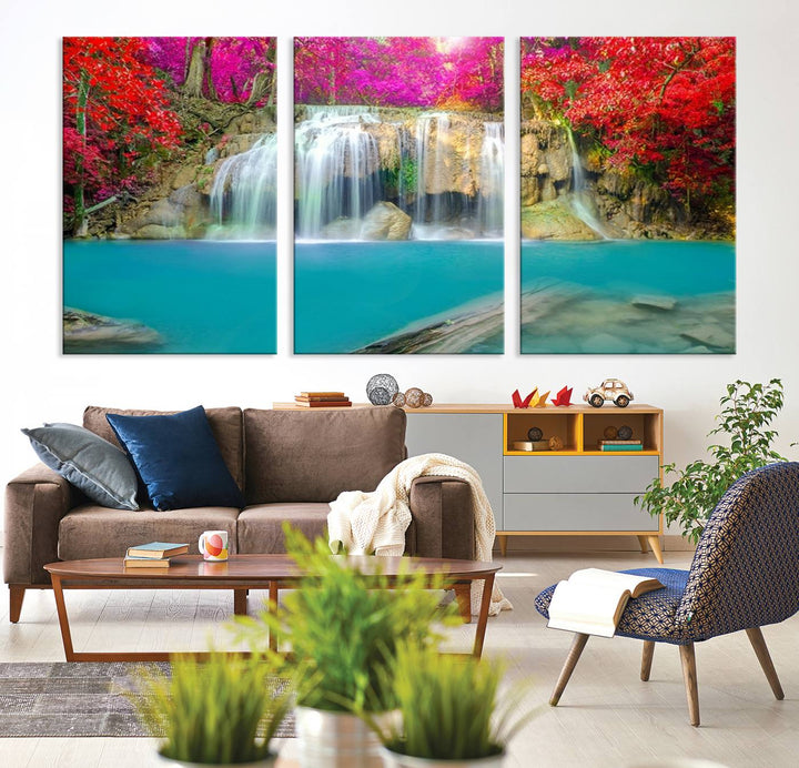 Wall Art Waterfall Landscape with Pink and Red Flowers in Forest Canvas Print