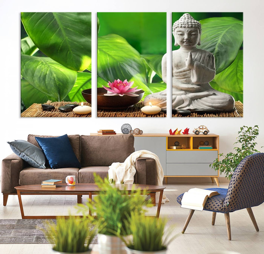 A tranquil room showcases a triptych of green leaves on museum-quality canvases, each piece readily available to hang.