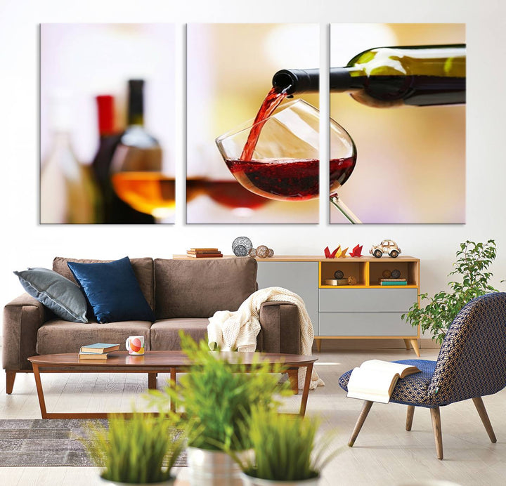 The Filling Red Wine into Glass Red Wine Canvas Print showcases a wine bottle pouring red wine into a glass. This scene, captured on museum-quality canvas, promises timeless elegance and comes with free shipping for effortless delivery to your doorstep.