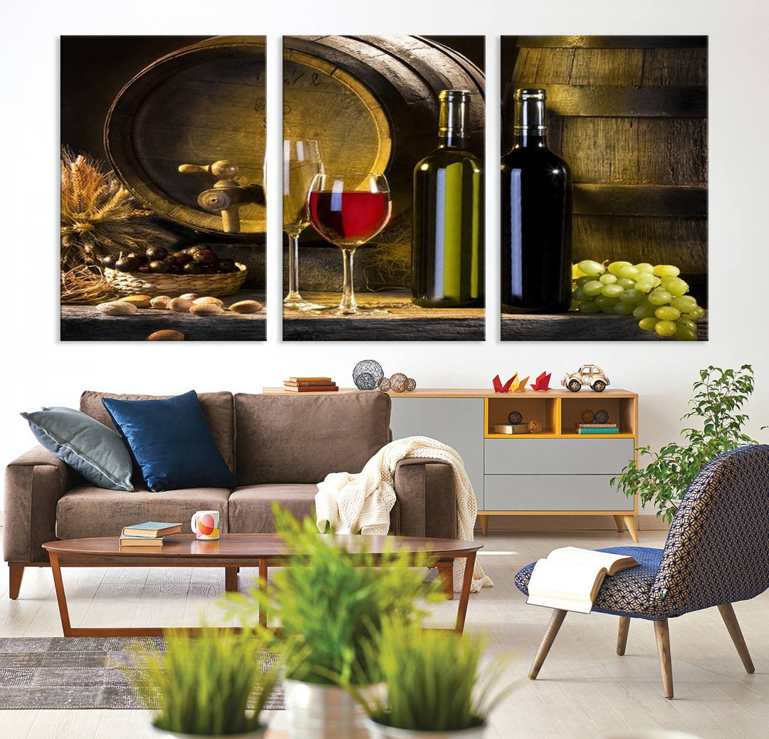 Explore the "Wall Art Red and White Wine with Bottles and Tun Canvas Print," a triptych on gallery-wrapped, museum-quality canvas. Featuring a wine barrel, bottles, and a glass of red wine, it includes a UV-protective coating for lasting vibrancy.