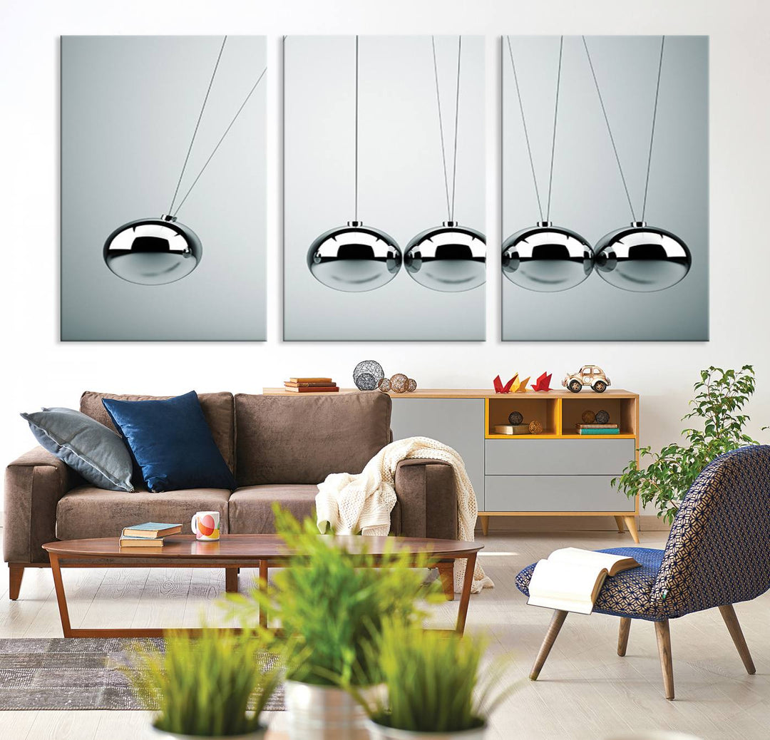 Newton's Cradle Motion Art, Modern Minimalist Metal Sphere Wall Art, Physics-Inspired Kinetic Energy Canvas Print for Office and Home Decor