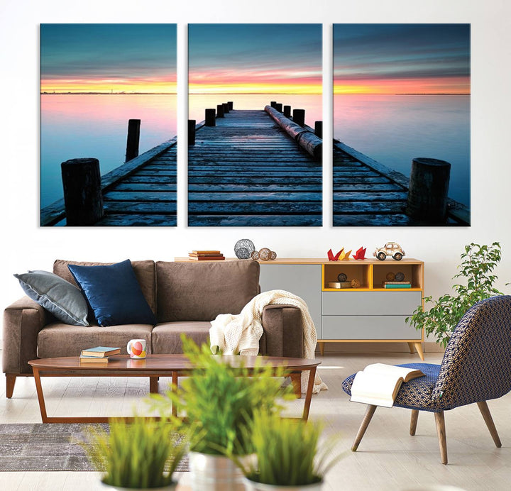 Wall Art Vintage Wooden Pier on Sea at Sunset Canvas Print