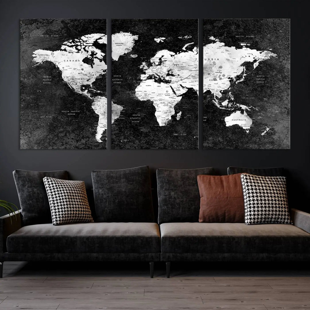 Modern Grayscale World Map 3-Panel Canvas Art | Ready to Hang, Framed | Stylish Minimalist Wall Décor for Home, Office, Living Room, or Study Spaces 