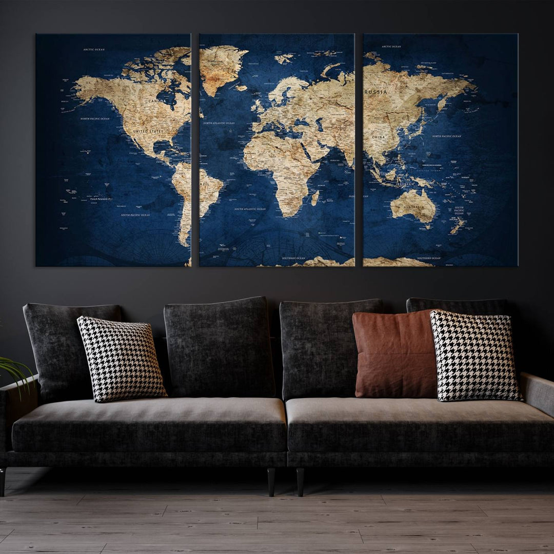 A triptych canvas print titled "Vintage Blue World Map Canvas Print - Classic World Map Design on Deep Blue Wall Art Print" adorns the wall, enhancing the decor with its antique style.