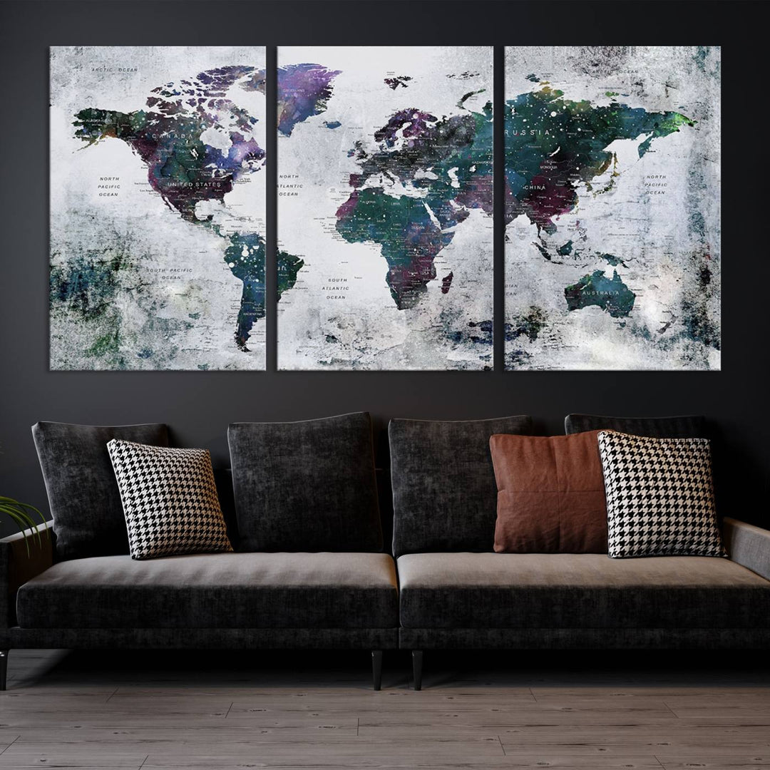 A captivating Vintage World Map Wall Art Print Grunge Map Canvas elegantly enhances the space, crafted on museum-quality canvas and featuring a UV-protective coating. It arrives ready to hang, harmonizing style with practicality effortlessly.