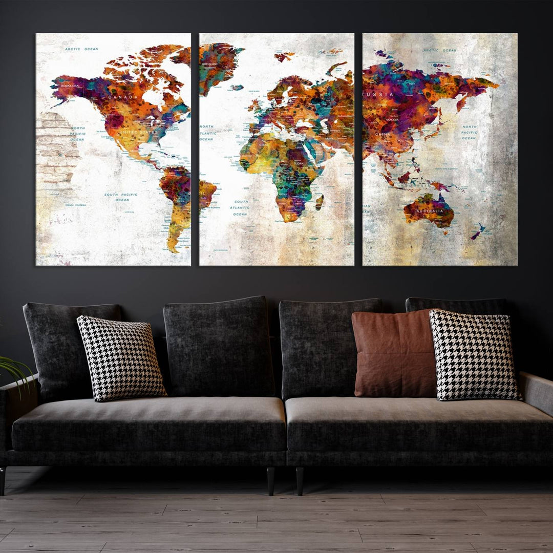 A Vintage World Map Wall Art Print Grunge Map on Canvas Gallery Wall Set hangs prominently.