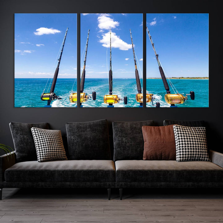 Fishing Roads on Boat Canvas Wall Art Print Ocean Seascape Art Print