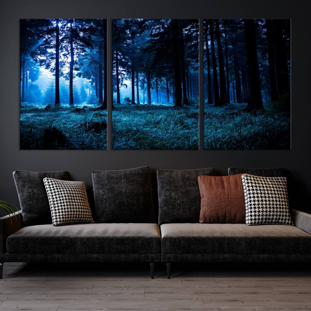 Arte de pared de bosque oscuro místico, lienzo de bosque grande, lienzo de paisaje, arte de pared de múltiples paneles, conjunto de lienzo grande de 3 piezas enmarcado