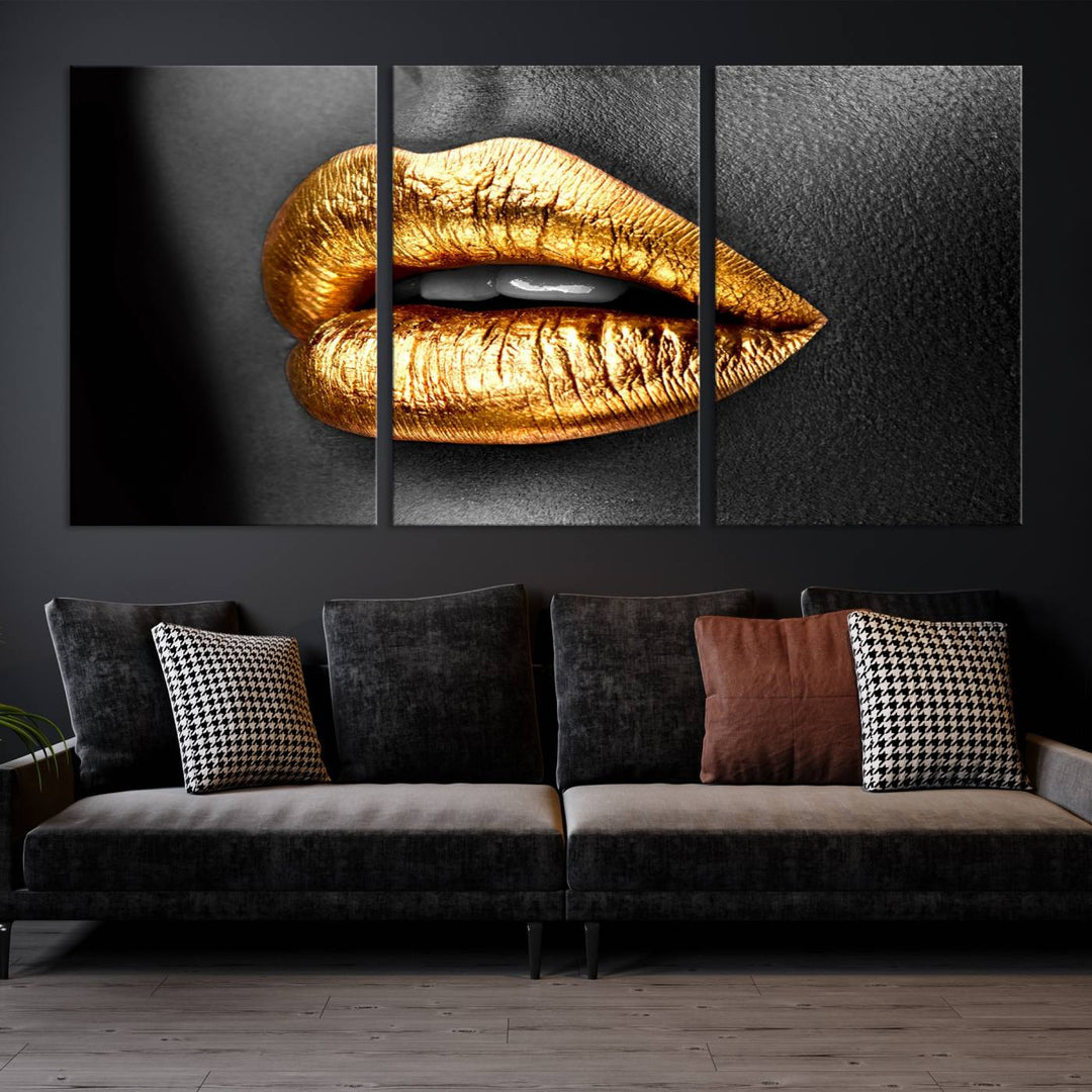 Gold Lips Canvas Wall Art Print Makeup Wall Art Fashion Beauty Canvas Print