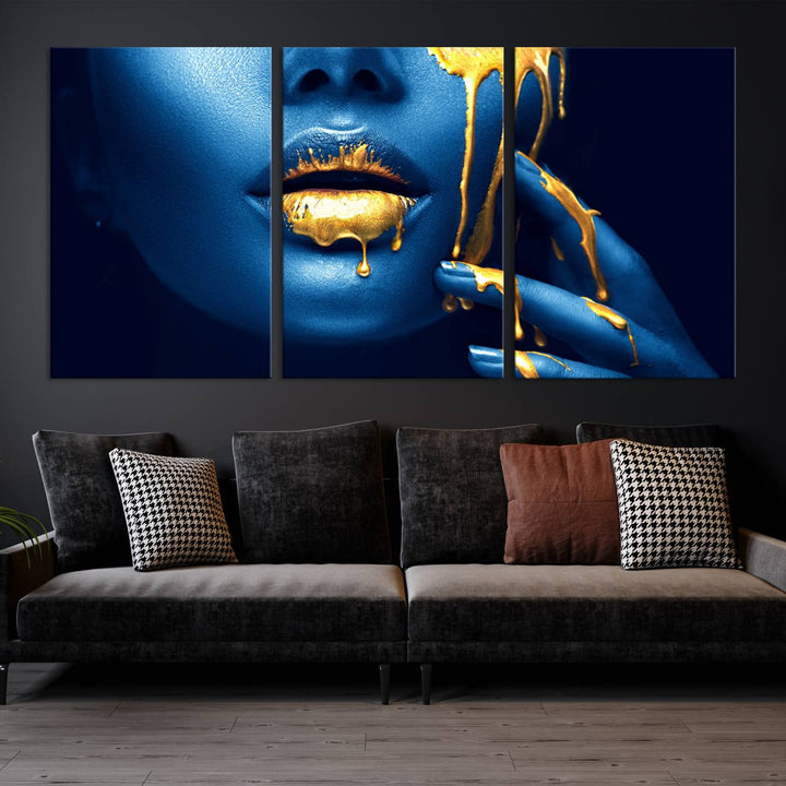 Neón Azul Oro Labios Sensual Fotografía Lienzo Pared Arte Impresión Moda Arte Belleza