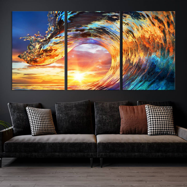 Lienzo decorativo para pared, diseño de olas, rizos, puesta de sol y océano