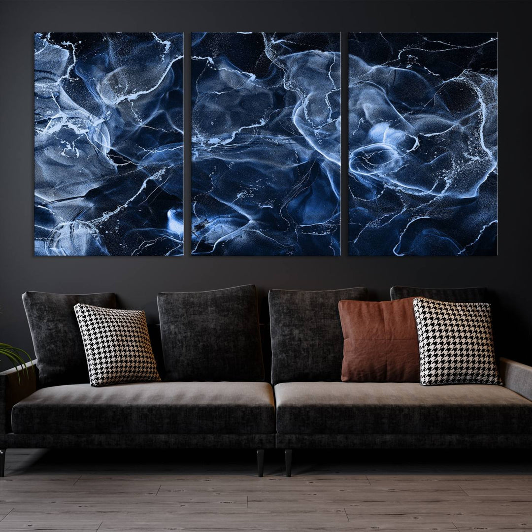 Arte de pared grande con efecto ahumado de mármol azul, lienzo abstracto moderno, impresión artística de pared