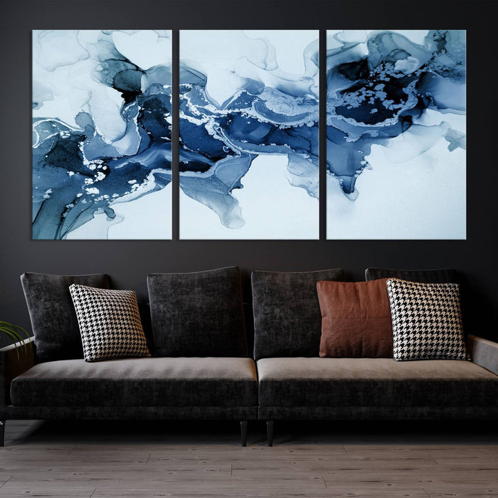 Arte de pared grande con efecto fluido de mármol azul hielo, lienzo abstracto moderno, impresión artística de pared