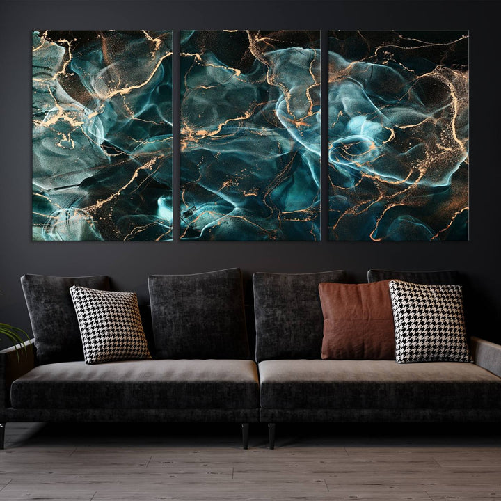 Neon Blue Marble Smokey Effect Wall Art Abstract Canvas Wall Art Print