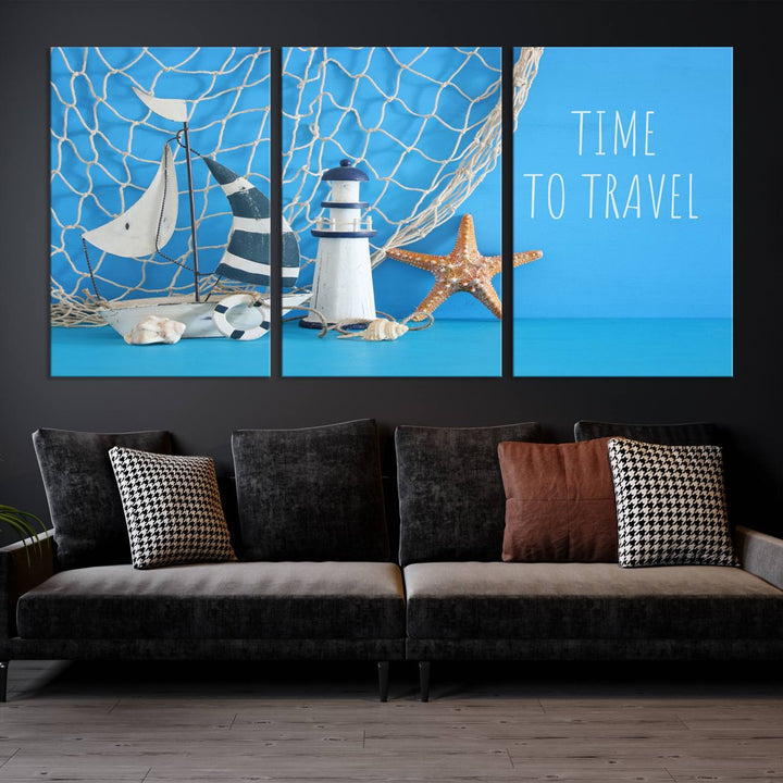 Sailing Boat Starfish and Lighthouse Wall Art Canvas Print