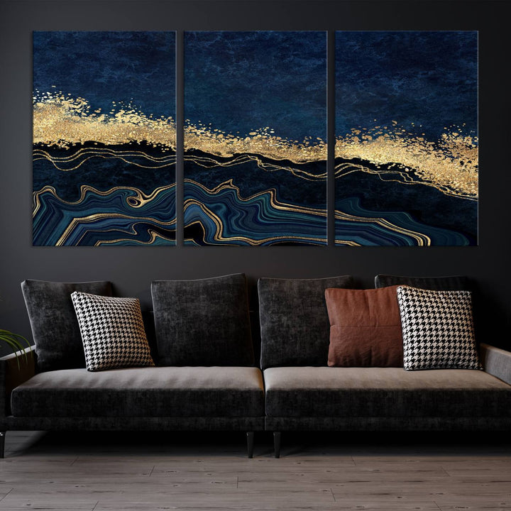 Navy Blue Marble Fluid Effect Large Wall Art Modern Abstract Canvas Wall Art Print