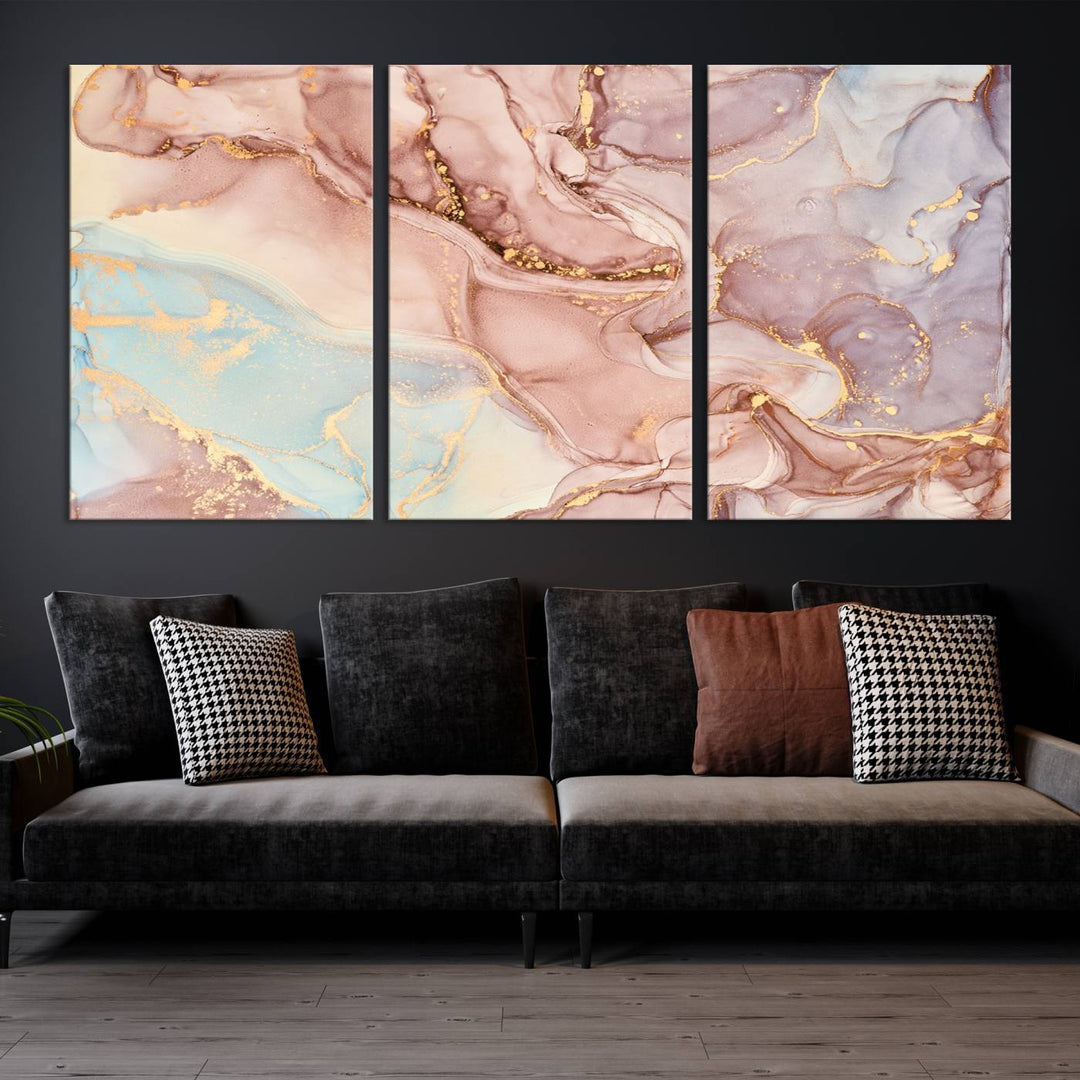 Arte de pared grande con efecto fluido de mármol dorado rosa, lienzo abstracto moderno, impresión artística de pared