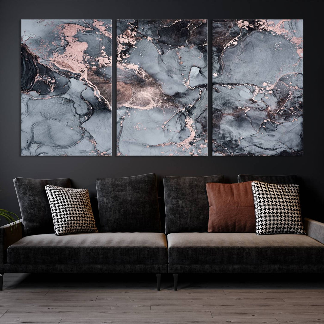 Impresión de arte de pared grande con efecto fluido de mármol gris y oro rosa, lienzo abstracto moderno