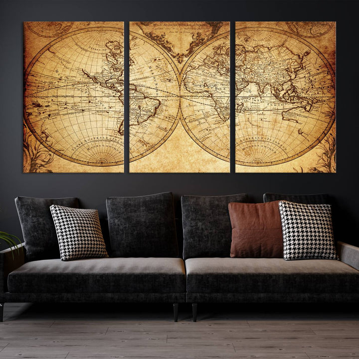 Vintage World Map Wall Art | 3-Panel Canvas Print for Living Room, Office, or Study | Giclee Canvas with Antique Design