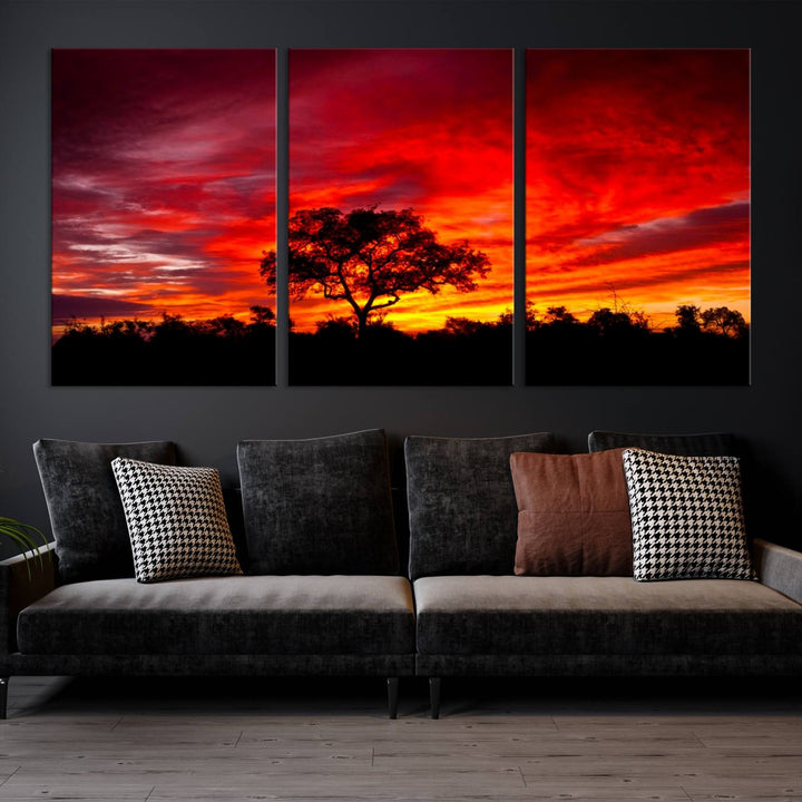 Red Sunset Landscape Artwork Printing, Forest Tree Wall Art Canvas Print