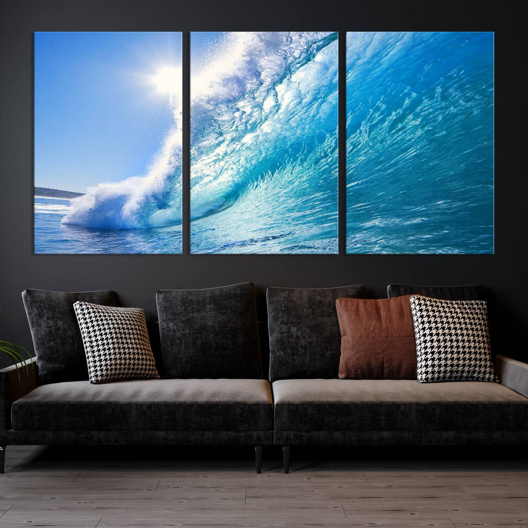 Blue Big Wave Surf Ocean Canvas Wall Art Artwork Print, Art mural de plage, Art de mur de mer