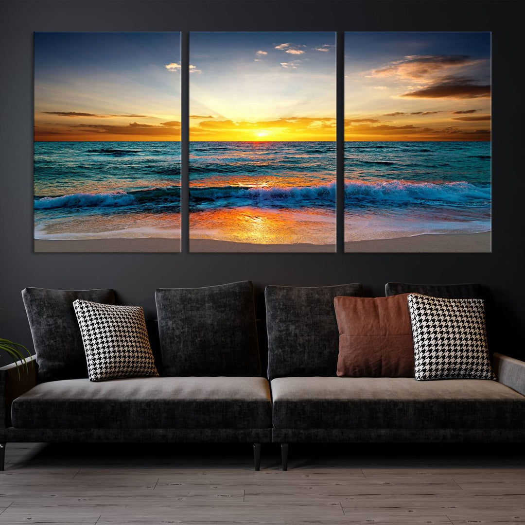 Vibrant Ocean Sunrise Over Golden Beach Waves, Giclee Canvas Wall Art Set, High-Quality Stretched Canvas Print, Ready to Hang Coastal Sunset Wall