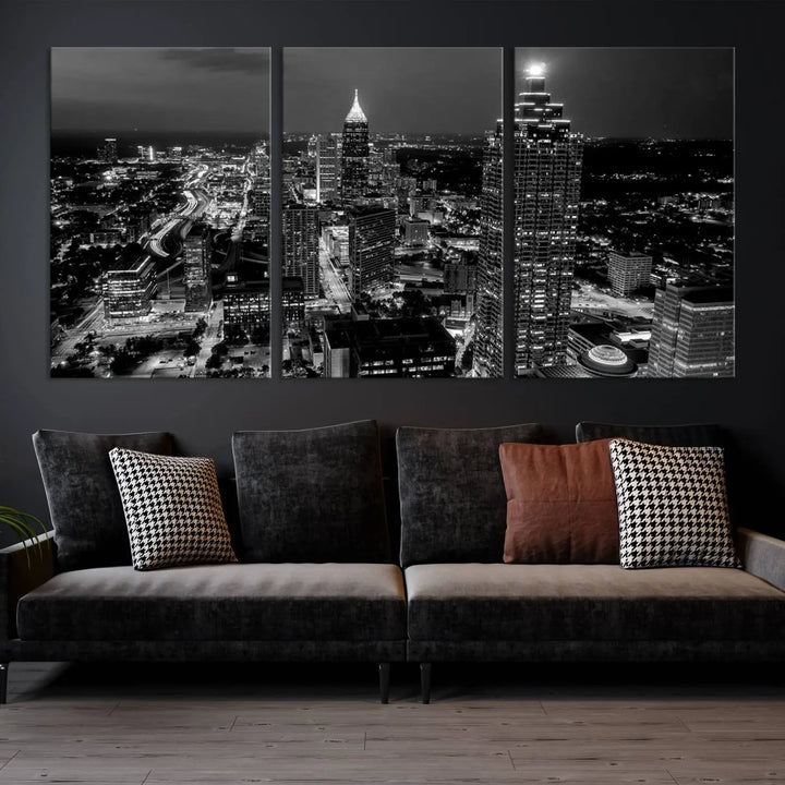 The Atlanta City Lights Skyline Black and White Wall Art Cityscape Canvas Print is elegantly displayed on the wall. These museum-quality canvases arrive ready to hang, making your art display both effortless and sophisticated.