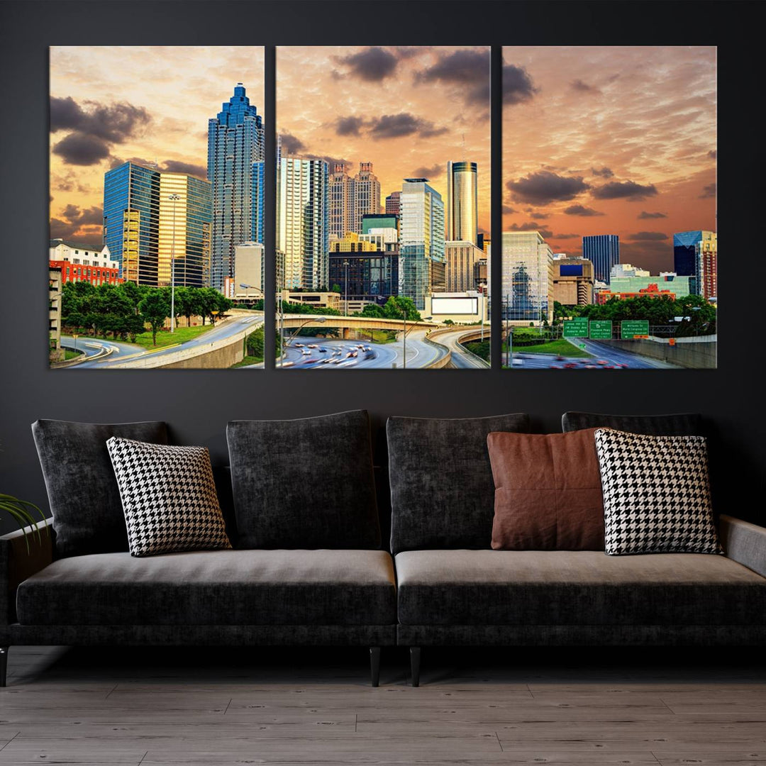 Atlanta City Lights Coucher de soleil Skyline Paysage urbain Vue Art mural Impression sur toile