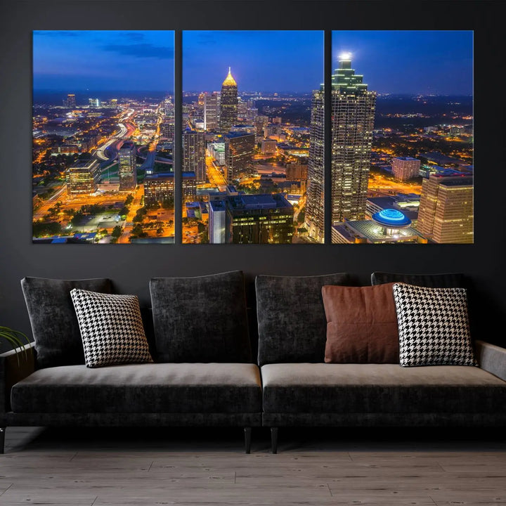 An elegant Atlanta City Blue Skyline Cityscape View Wall Art Canvas Print graces the wall, offering a sophisticated addition to your living space. Enjoy free shipping on this stylish piece.