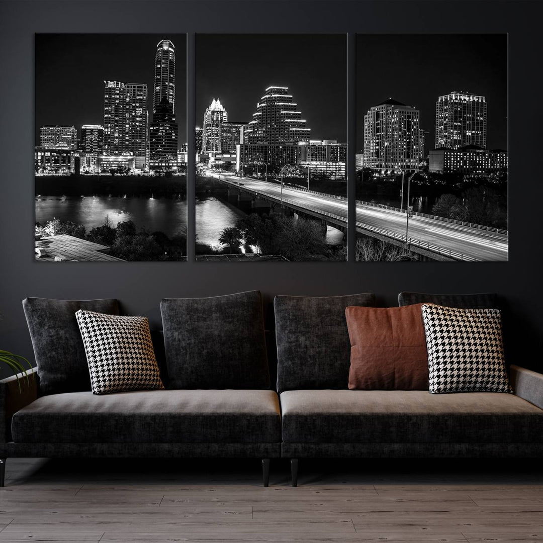 Austin City Lights Skyline Black and White Wall Art Canvas Print