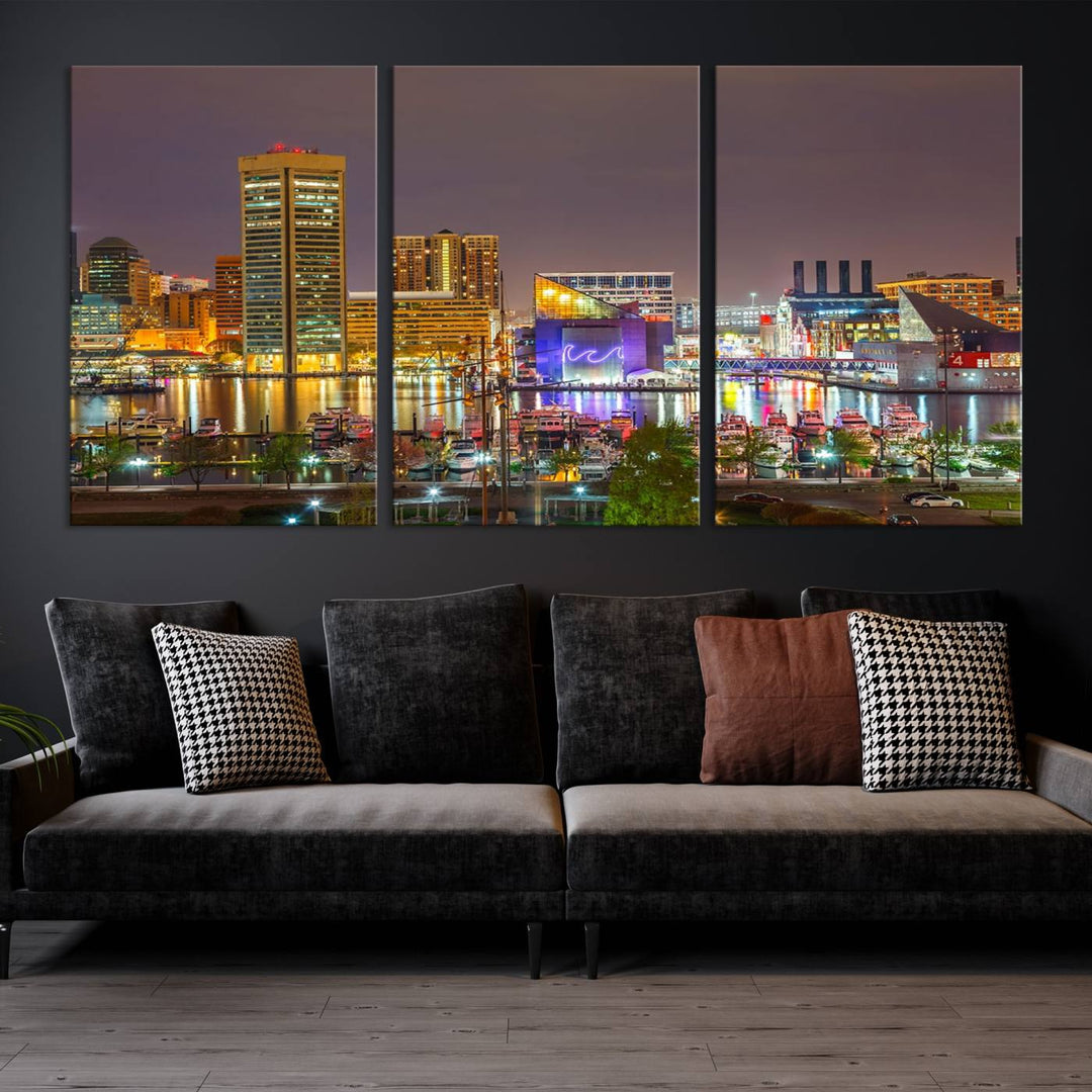 The Baltimore City Lights Night Skyline Cityscape View Wall Art Canvas Print is elegantly displayed on museum-quality canvas.