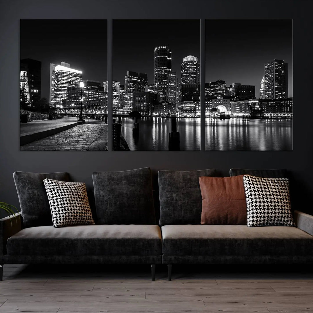 The living room showcases the Boston City Lights Skyline Black and White Wall Art Canvas Print.