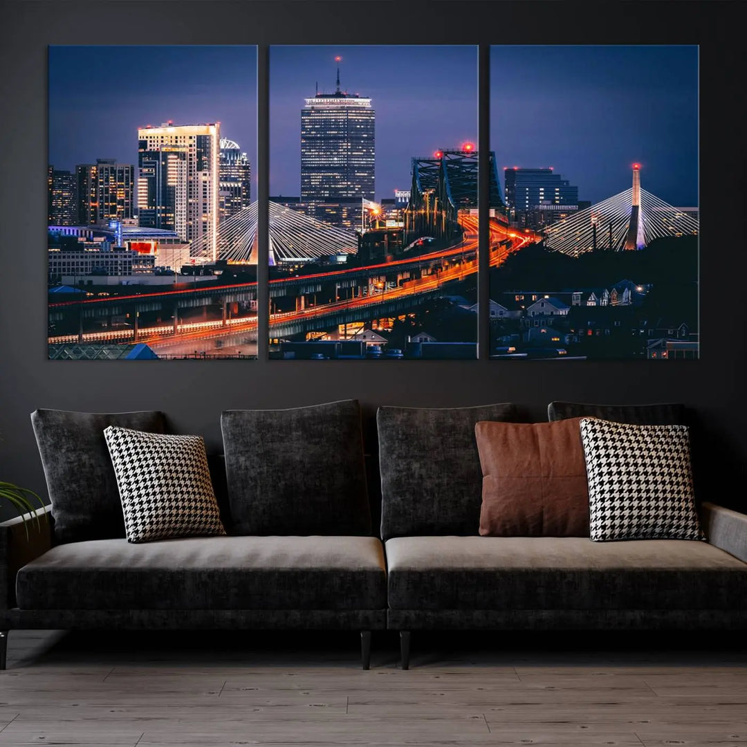 The "Boston City Lights Night Skyline Cityscape View" artwork on the wall showcases a brightly lit bridge at night. It is displayed on museum-quality canvas with a UV-protective coating.