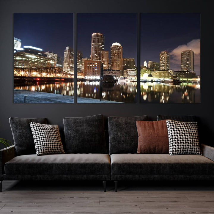 The Boston City Lights Skyline Cityscape View Wall Art Canvas Print showcases a nighttime cityscape on museum-quality canvas.